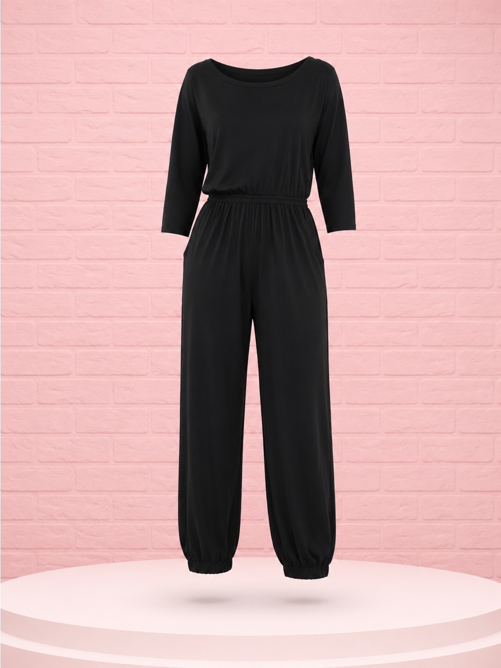 Black Boat Neck Jumpsuit XL Long Sleeve Elastic Waist Casual Dressy One Piece